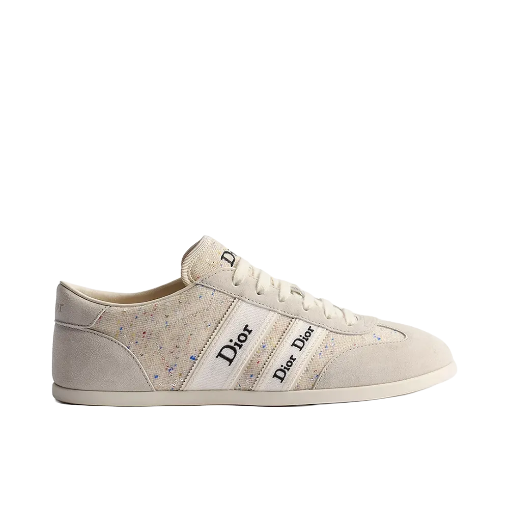 Dior Women's Ribbon Sneaker Suede Calfskin and Sequin Embroidered Donegal Tweed "Ecru"