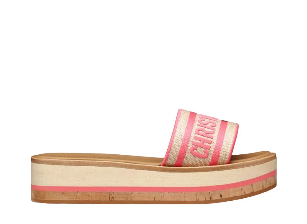 Dior Women's Dioriviera Dway Platform Slide Raffia and Embroidered Cotton "Natural/Candy Pink"