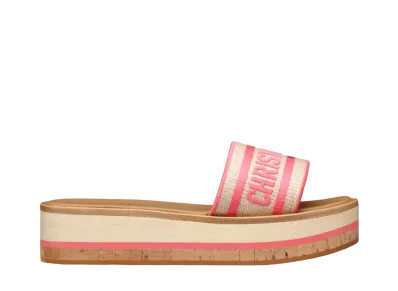 Dior Women's Dioriviera Dway Platform Slide Raffia and Embroidered Cotton "Natural/Candy Pink"