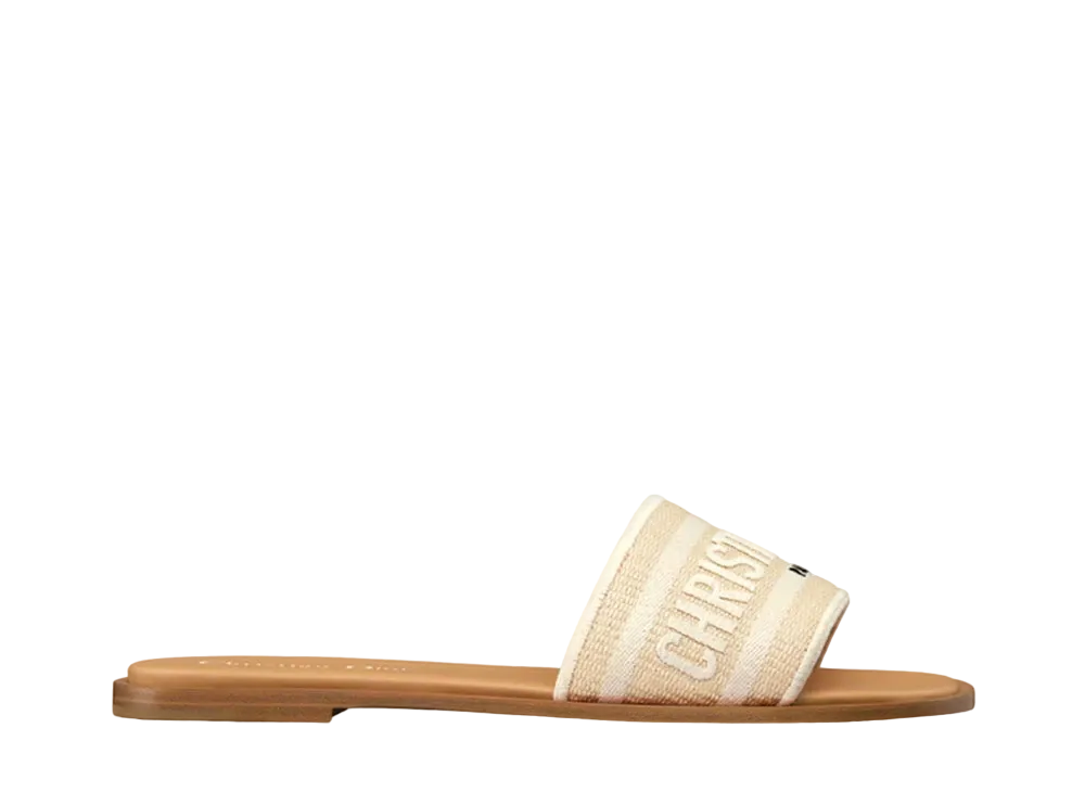 Dior Women's Dioriviera Dway Slide Raffia and Embroidered Cotton "Natural/White"