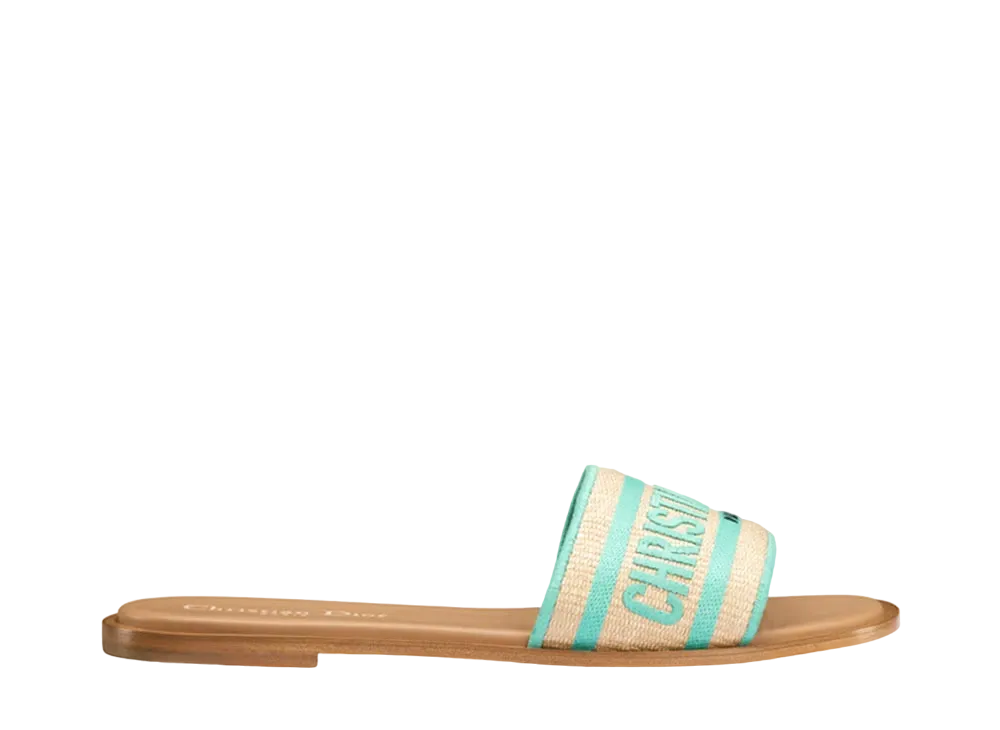 Dior Women's Dioriviera Dway Slide Raffia and Embroidered Cotton "Natural/Aquamarina"