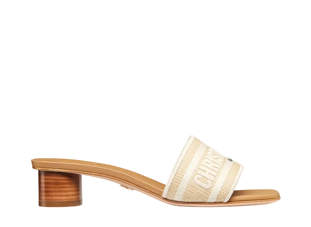 Dior Women's Dioriviera Dway Heeled Slide Raffia and Embroidered Cotton "Natural/White"