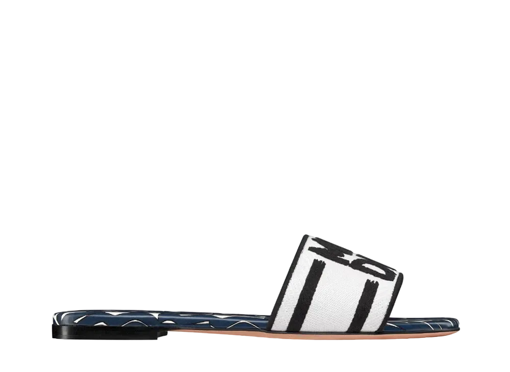 Dior Women's Dway Slide Embroidered Cotton and Deep Miss Dior Allover Motif "Blue/White/Black"