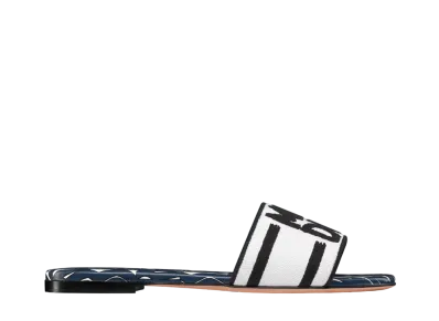 Dior Women's Dway Slide Embroidered Cotton and Deep Miss Dior Allover Motif "Blue/White/Black"