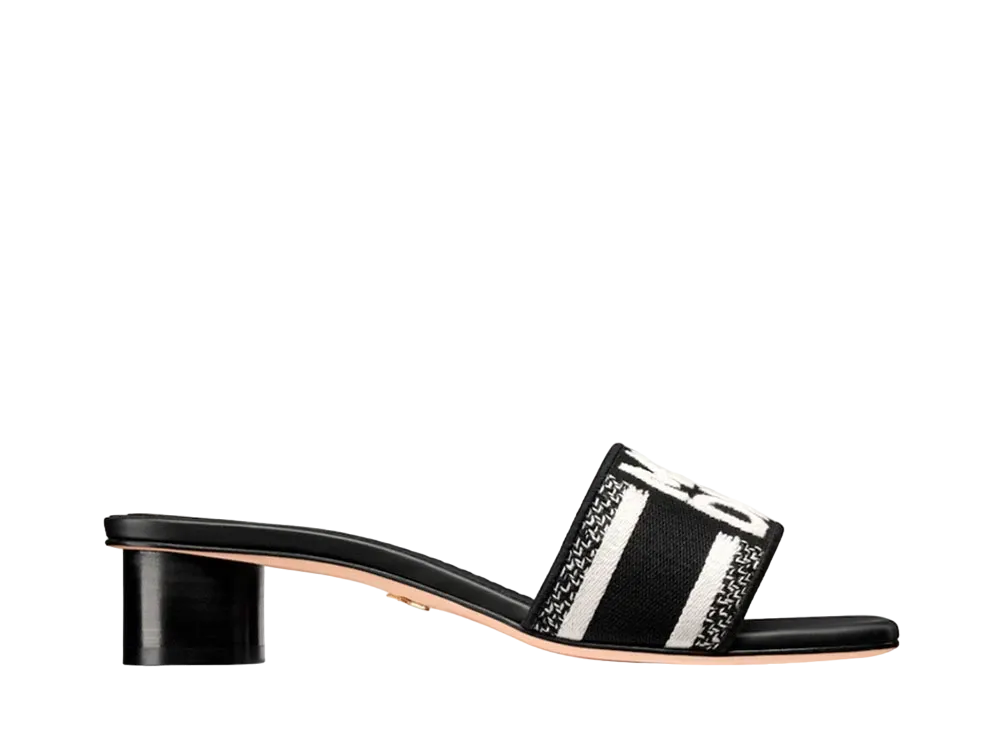 Dior Women's Dway Heeled Slide Embroidered Cotton "Black/White"