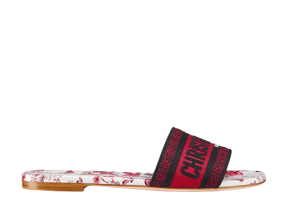 Dior Women's Dway Slide Embroidered Cotton with Le Coeur des Papillons Motif "White/Red"