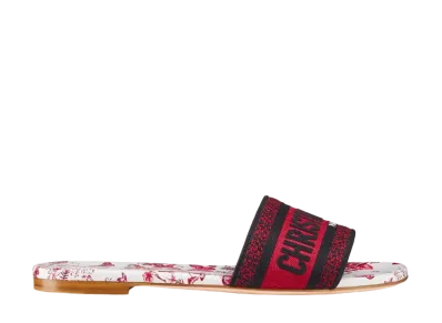 Dior Women's Dway Slide Embroidered Cotton with Le Coeur des Papillons Motif "White/Red"