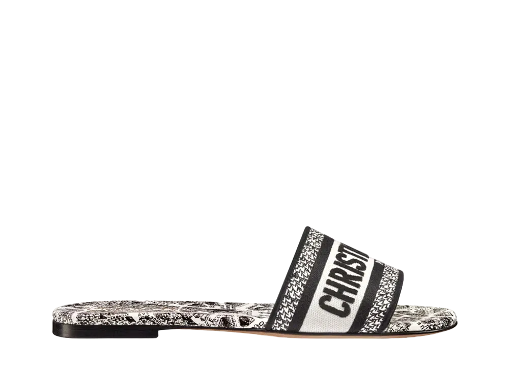 Dior Dway Slide Embroidered Cotton with Plan de Paris Motif White/Black