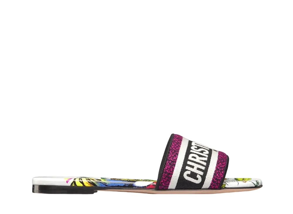 Dior Dway Slide Embroidered Cotton with Indian Animals Tiger Motif White/Multicolor