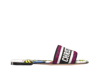 Dior Dway Slide Embroidered Cotton with Indian Animals Tiger Motif White/Multicolor