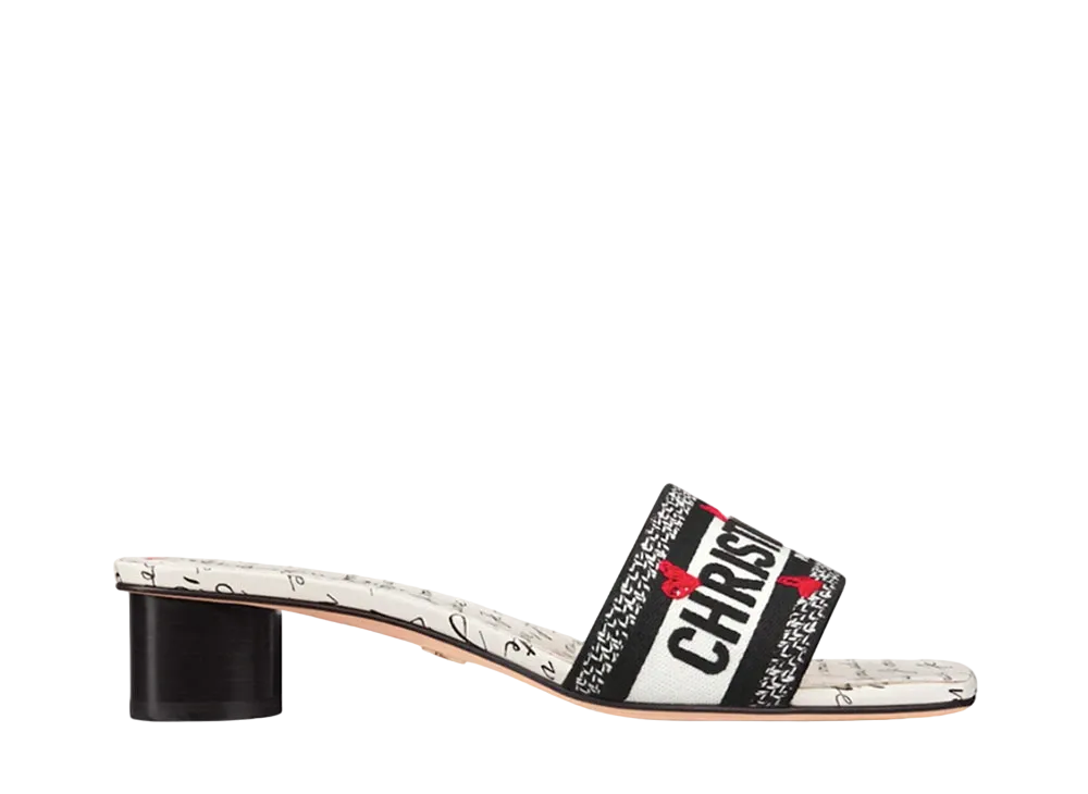 Dior Women's Dioramour Dway Heeled Slide Embroidered Cotton with Je Vous Adore Motif "White/Black/Red"