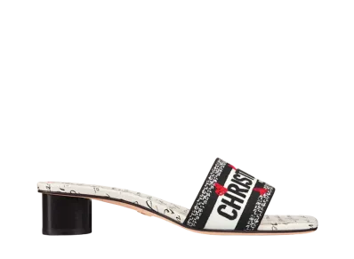 Dior Women's Dioramour Dway Heeled Slide Embroidered Cotton with Je Vous Adore Motif "White/Black/Red"