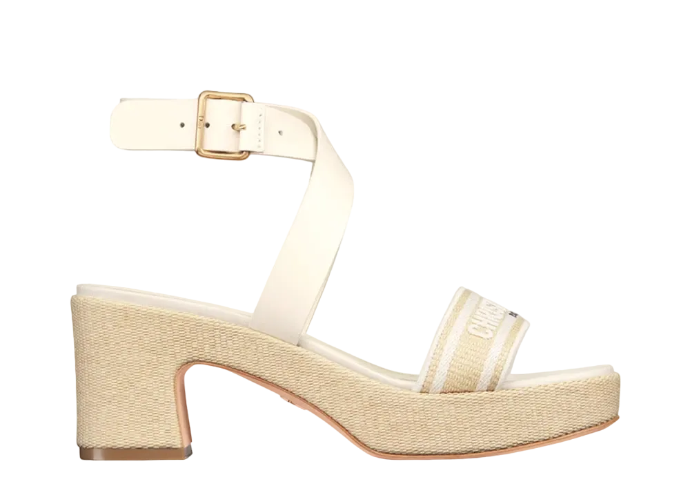 Dior Women's Dioriviera Dway Heeled Sandal Raffia Calfskin Embroidered Cotton "White"