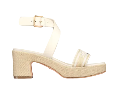 Dior Women's Dioriviera Dway Heeled Sandal Raffia Calfskin Embroidered Cotton "White"