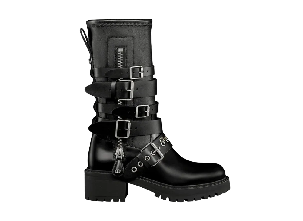 Dior Women's D-Fight Short Boots Calfskin and Leather Effect Stretch Material "Black"