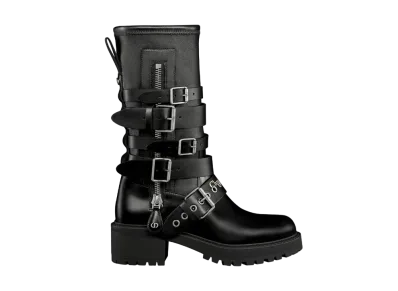 Dior Women's D-Fight Short Boots Calfskin and Leather Effect Stretch Material "Black"