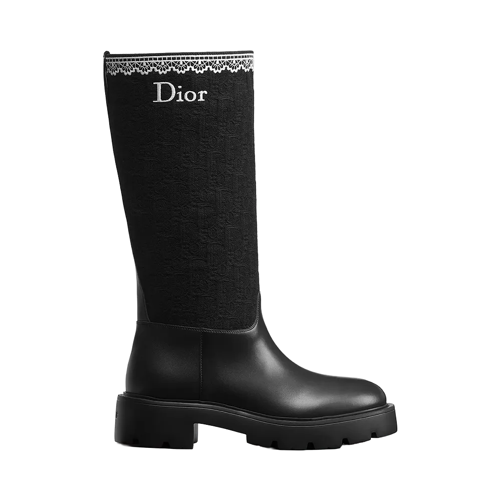 Dior Women's Dentelle Boots Calfskin Dior Oblique Embroidered Cotton "Black"