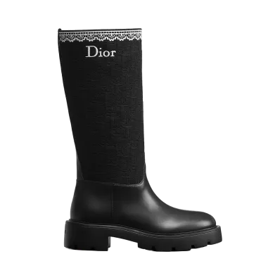 Dior Women's Dentelle Boots Calfskin Dior Oblique Embroidered Cotton "Black"