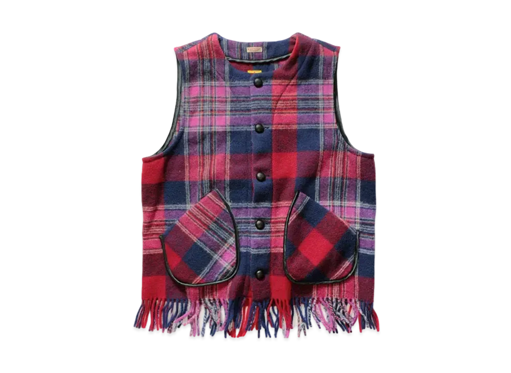 KAPITAL COUNTRY WOOL CHECK FRINGE GAUCHO VEST "Purple"