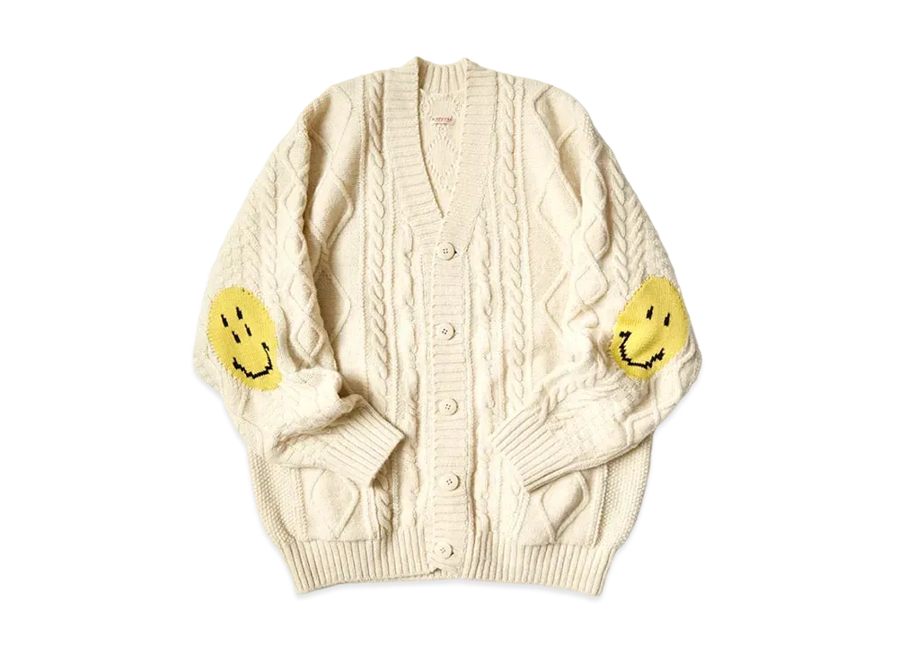 KAPITAL 5G WOOL CABLE KNITTING HAPPY PATCH CARDIGAN 