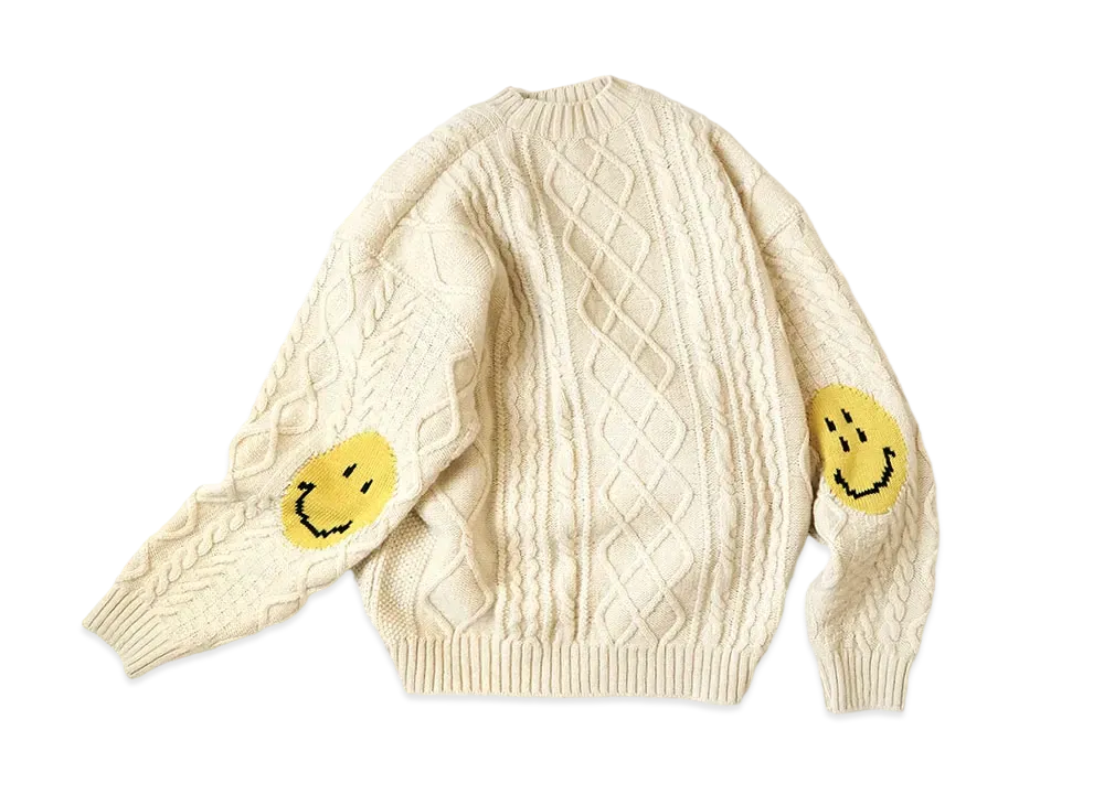 KAPITAL 5G WOOL CABLE KNITTING HAPPY PATCH CREW SWEATER "Quinity"