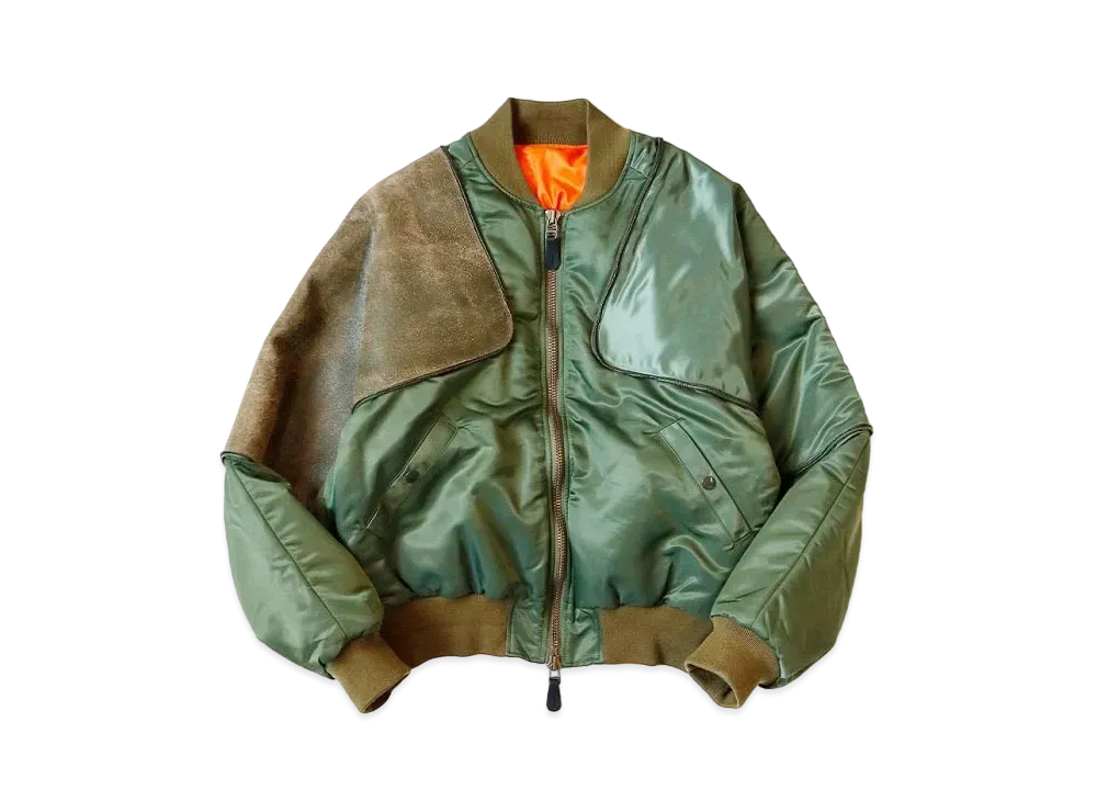KAPITAL MA-1 Nylon Crack Leather Sham Bomber Jacket "khaki"