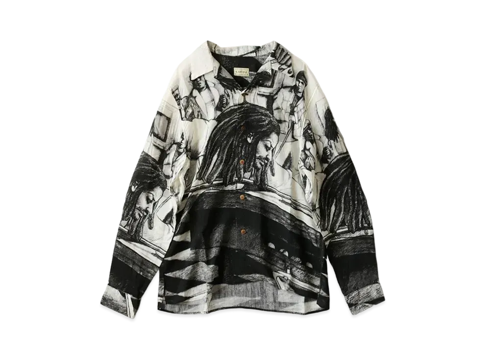KAPITAL Silk Rayon Hustler Pt Open Collar Shirt "Kinari"