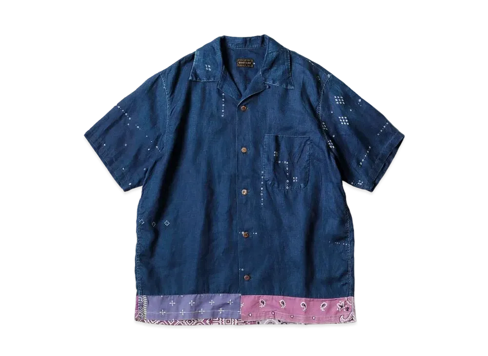 KAPITAL French Cross Linen Bandanna Discharge Printing Remake Aloha Shirt "Indigo"