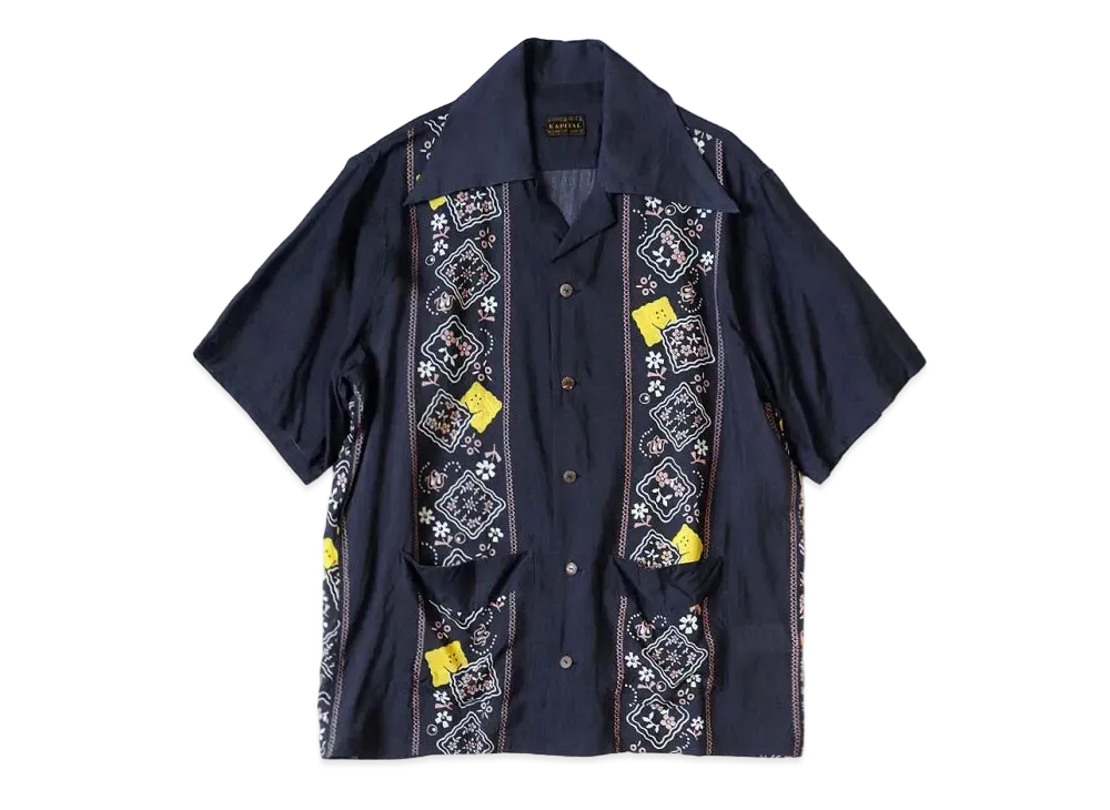 KAPITAL Silk Rayon Wrangle Color Cuba Shirt "Navy"