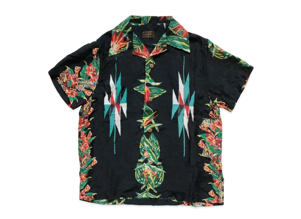 KAPITAL Silk Rayon Hibiscus Ortega Aloha Shirt "Black"