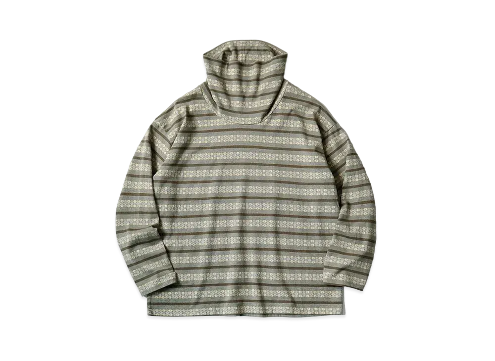 KAPITAL Sunrise Jacquard Border India Baggy High Neck Long Tee "Grey Khaki"