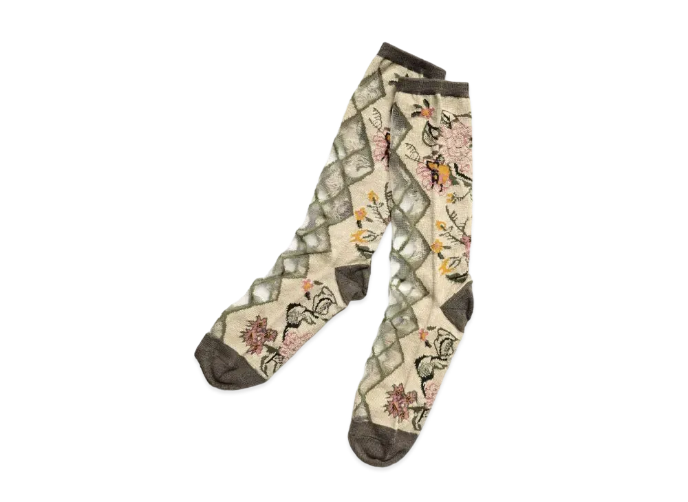 KAPITAL 156 Gobelin Flower See Through Socks "Light Beige"