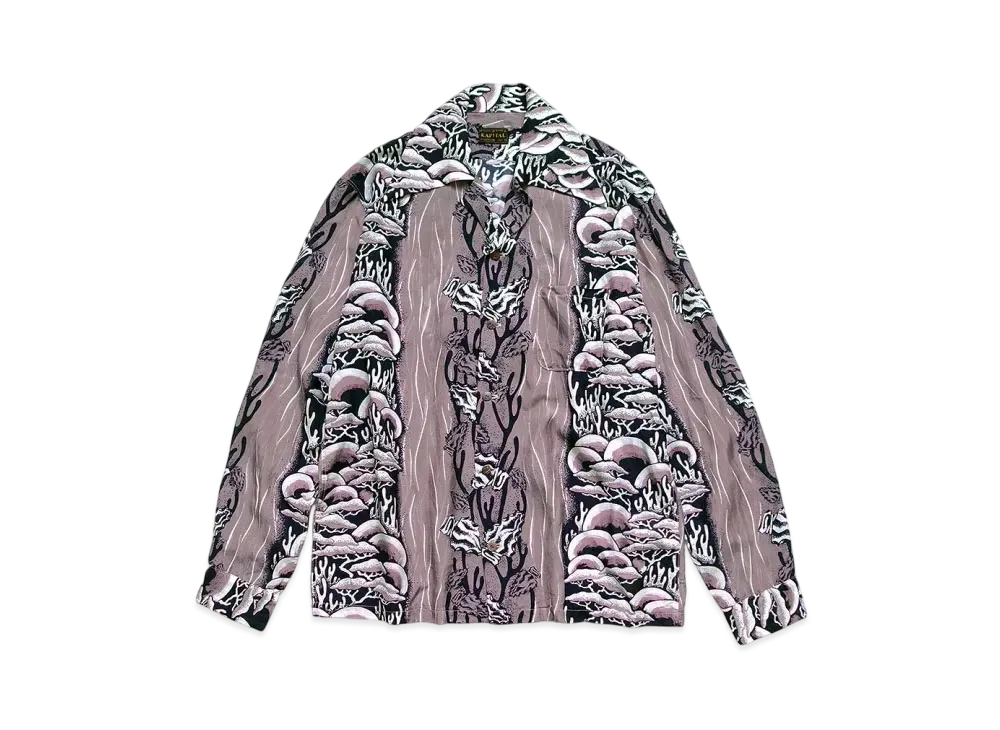 KAPITAL Silk Rayon Souffle & Arrowhead Langle Color Open Collar Shirt "Purple"