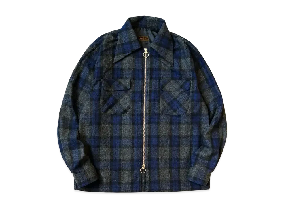 KAPITAL Wool Check Drizzle Open Collar Shirt "Navy"
