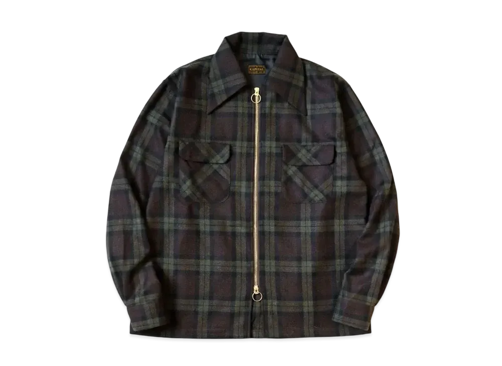 KAPITAL Wool Check Drizzle Open Collar Shirt 
