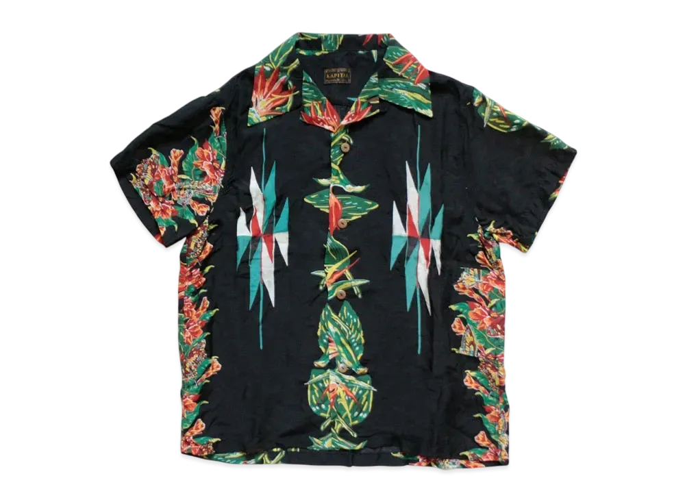 KAPITAL Silk Rayon Hibiscus Ortega Aloha Shirt "Black"