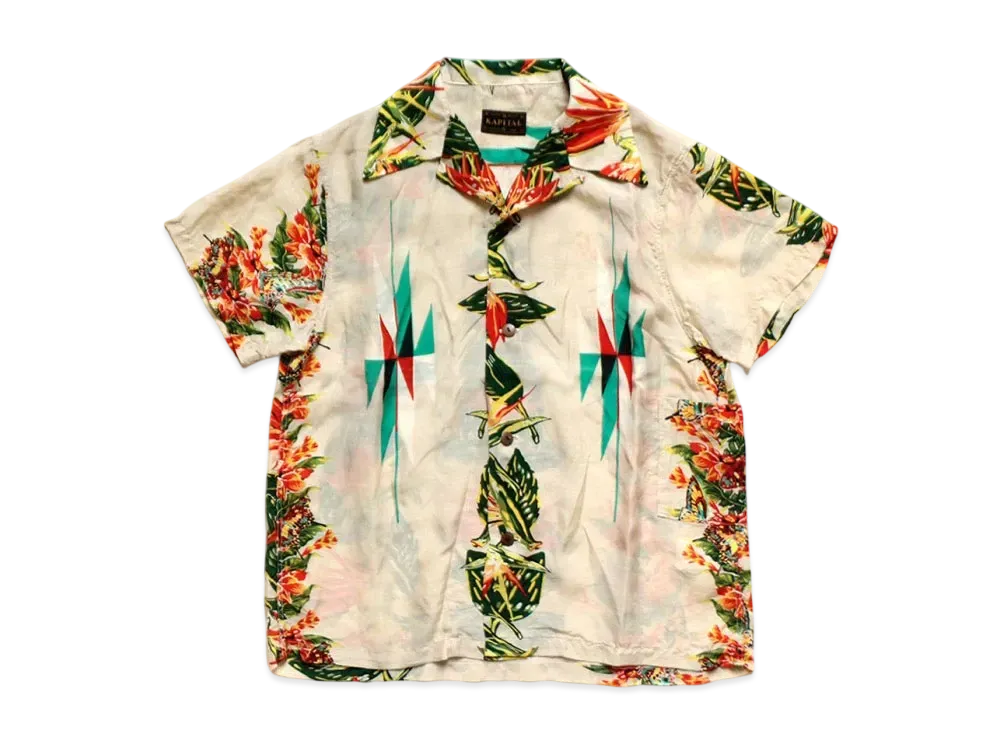 KAPITAL Silk Rayon Hibiscus Ortega Aloha Shirt "Beige"