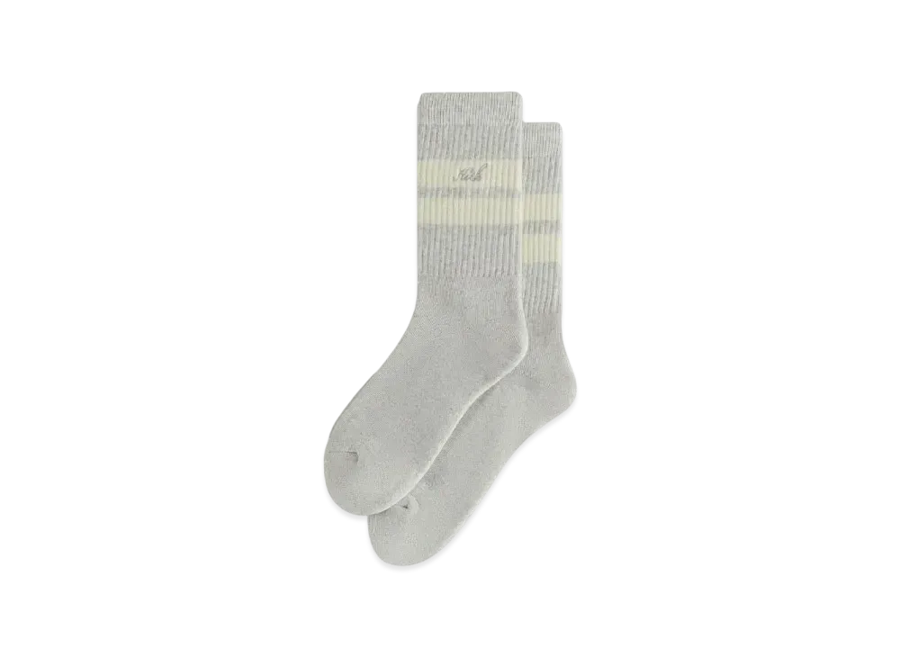 Kith Double Stripe Script Embroidered Cotton Crew Socks "Light Heather Grey"