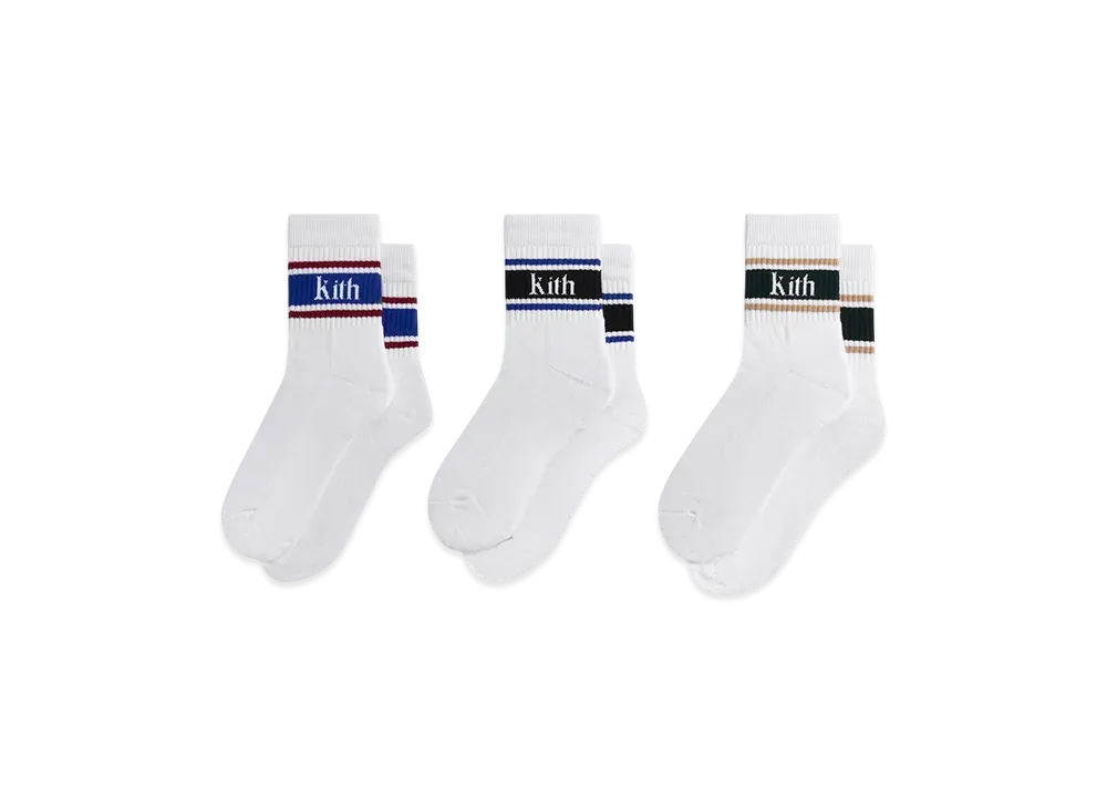 Kith 3-Pack Variegated Striped Mid Crew Socks "White"