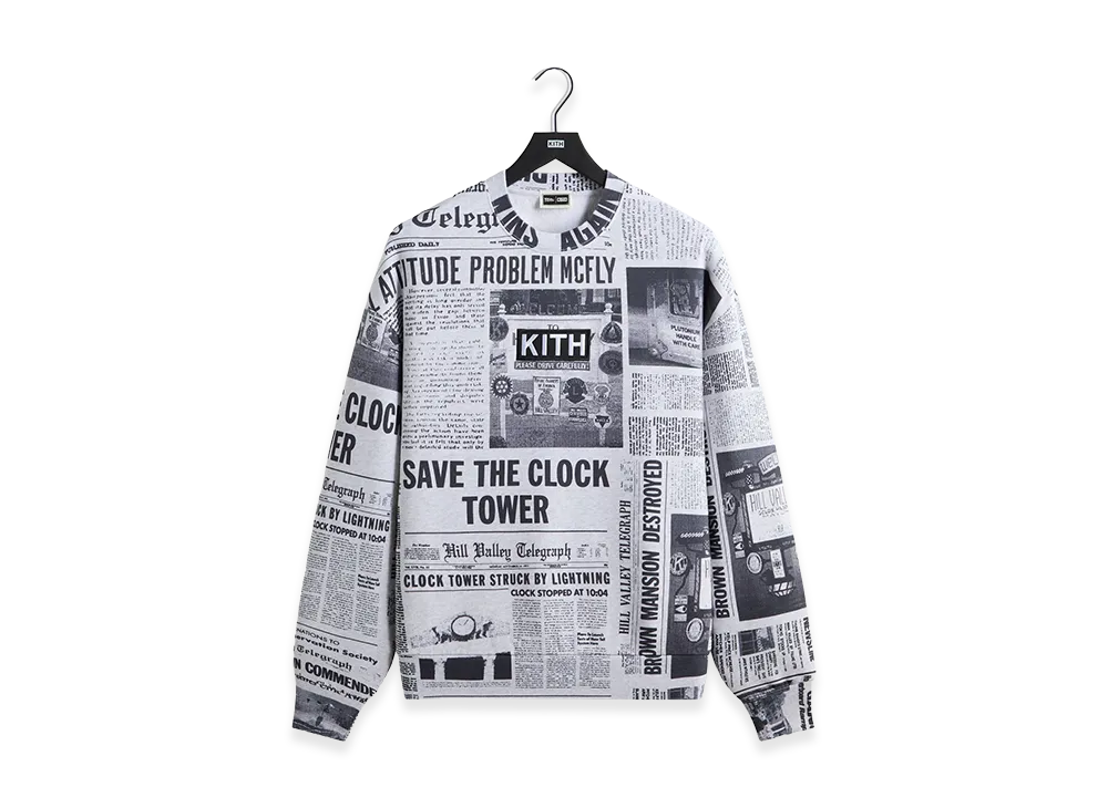 Kith x Back to the Future Newspaper All-Over Printed Nelson Crewneck "Light Heather Grey"