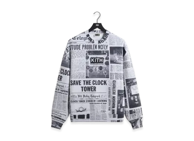 Kith x Back to the Future Newspaper All-Over Printed Nelson Crewneck "Light Heather Grey"