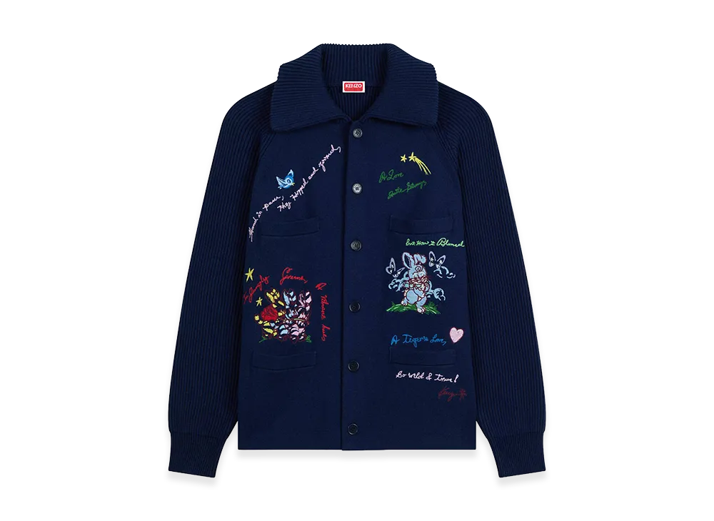 KENZO Cartoon' Embellished Cardigan in Wool Cotton "Navy Blue"