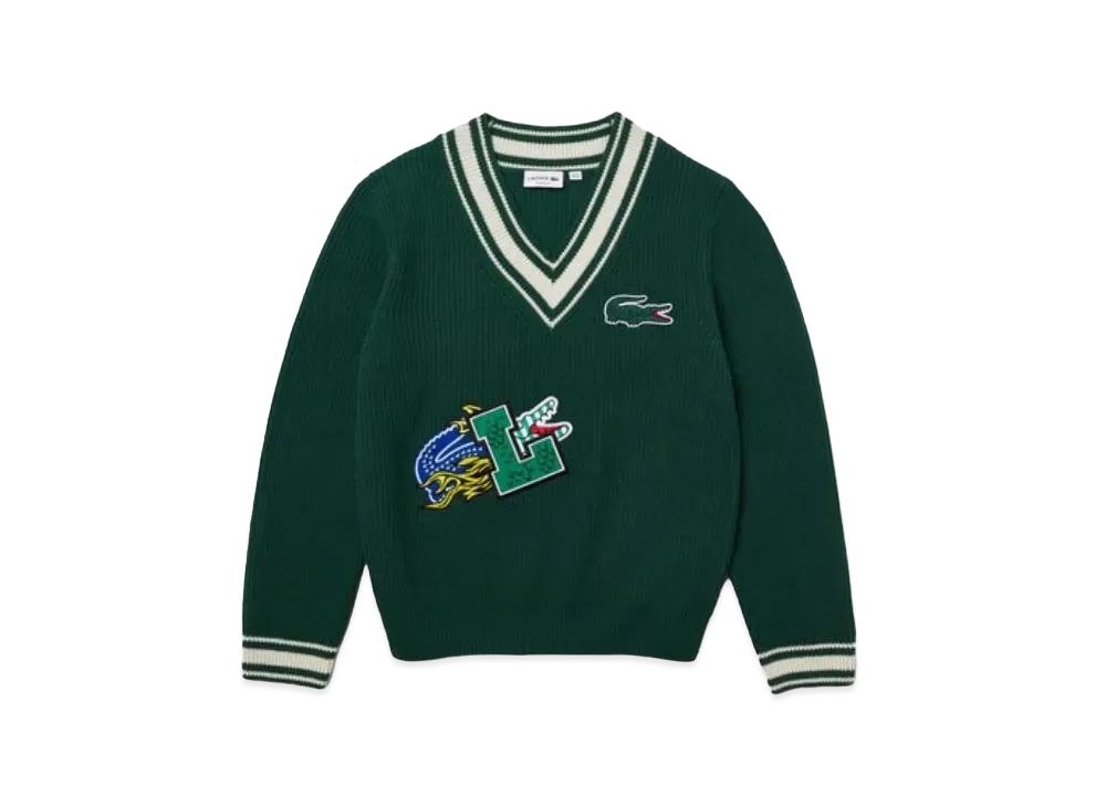 LACOSTE Comics Graphic Patch V-Neck Sweater "Green"