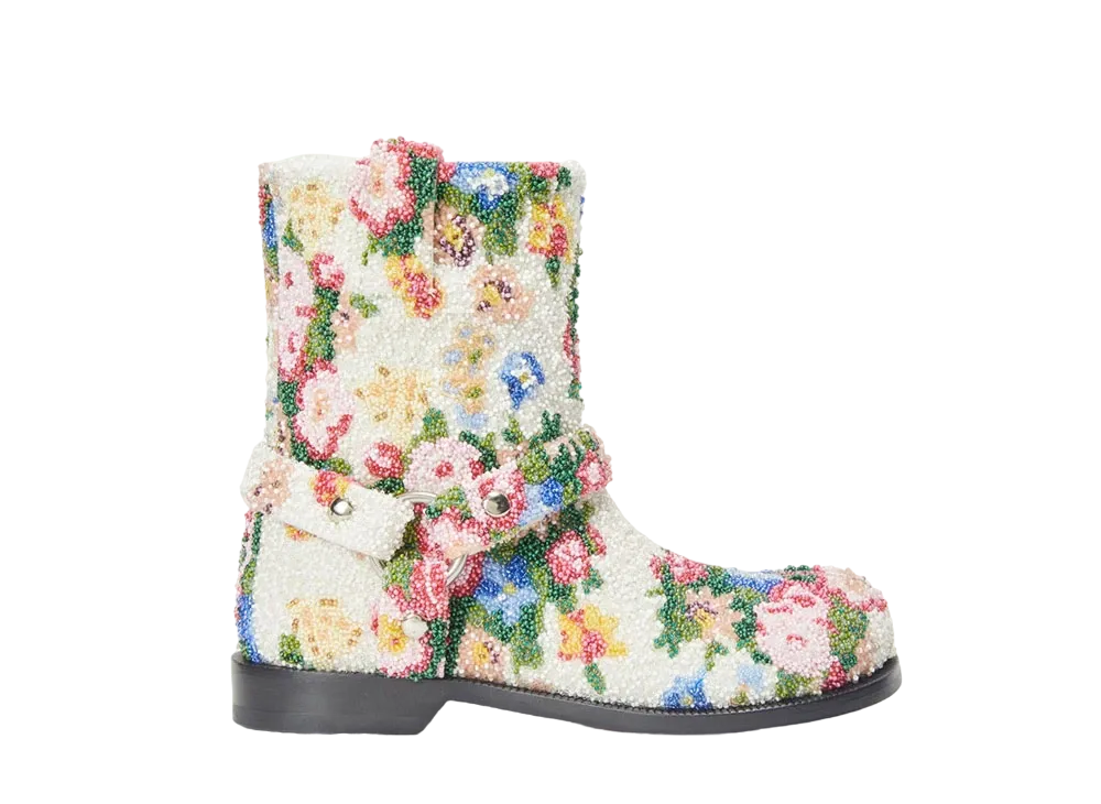 LOEWE Women's Campo Biker Boot in Beaded Embroidered Canvas "White/ Pink Multicolor"