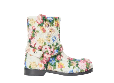 LOEWE Women's Campo Biker Boot in Beaded Embroidered Canvas "White/ Pink Multicolor"