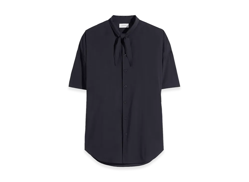 LEMAIRE Women's Washed Cotton Muslin Short Sleeve Scarf Shirt "Squid Ink"