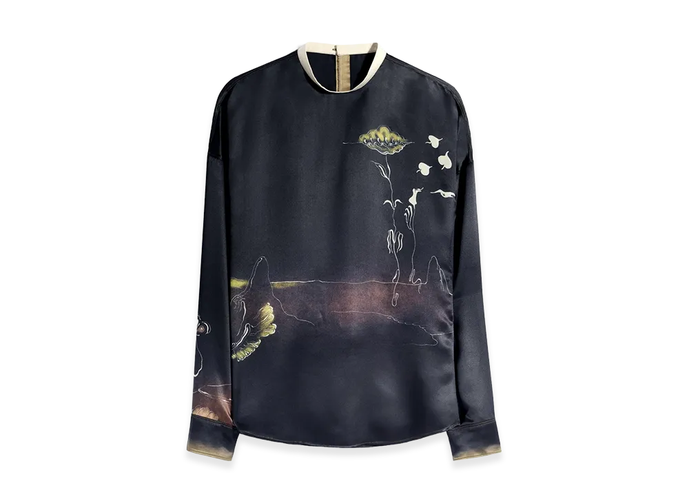 LEMAIRE Women's Landscape Print Silk Plastron Top "Caviar"
