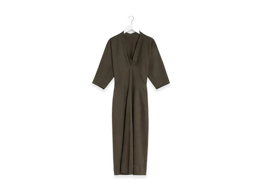 LEMAIRE Women's V-Neck Leather Dress "Dark Khaki"