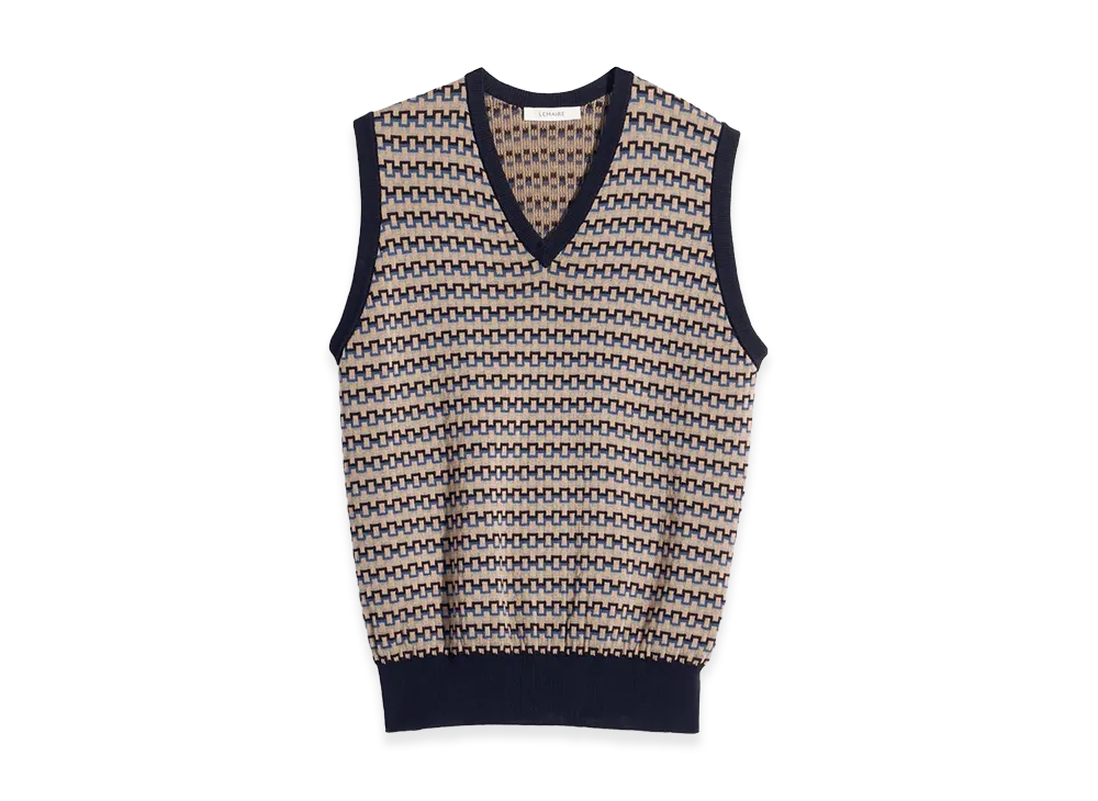 LEMAIRE Cotton V-Neck Jacquard Vest "Black/Beige/Blue"