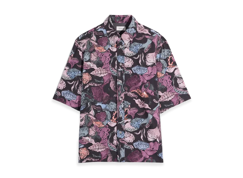LEMAIRE Floral Print Cotton Short Sleeve Shirt "Black/Plum"